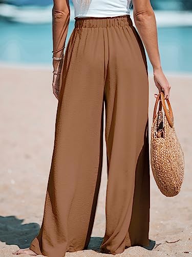 CUPSHE Women Wide Leg Pants High Waisted Trousers Linen Palazzo Lounge Beach Cover Ups Flowy Pants,L Brown2