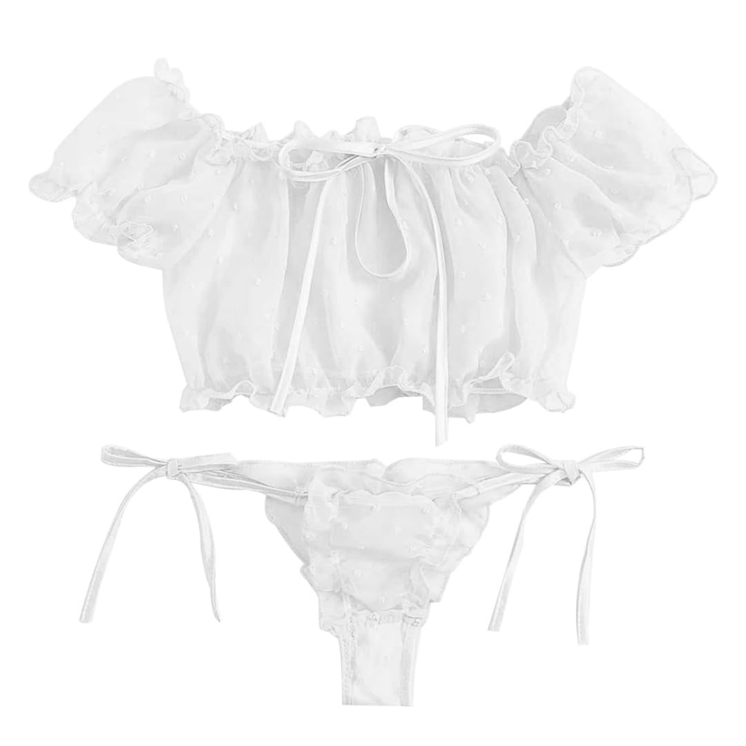 Sexy outfit Damskie seksowne biustonosze i majtki w kropki komplety bielizny Babydoll Strappy przezroczyste wykończone frędzlami bielizna z uroczą kokardką G String