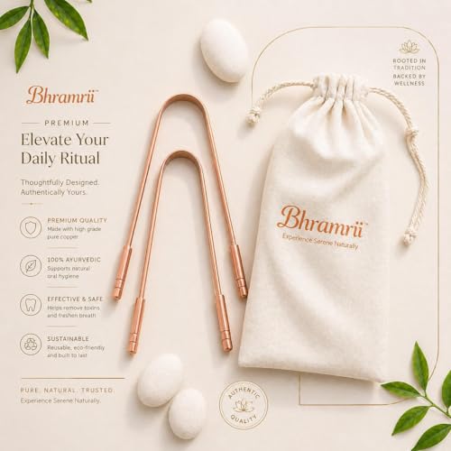 Image of Copper Tongue Scraper Pack of 2 - Ayurvedic Tongue Cleaner for Bad Breath & Fresh Breath - 100% Pure Copper with Travel Pouch - Tongue Scraper for Adults