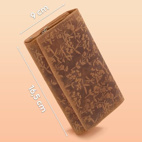 Portemonnee für Damen mit Blüten Muster RFID-Schutz, Leder Geldbörse Langformat mit Druckknopf (Braun) – Bild 3