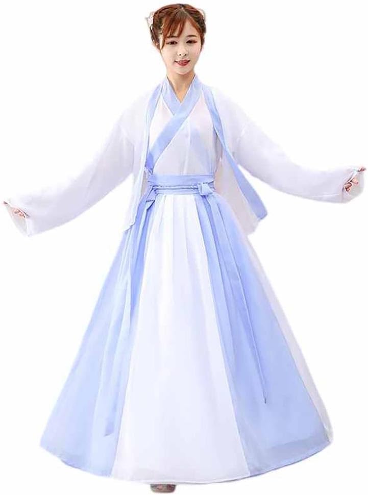 Women's Hanfu Outfit, White and Blue, Narrow Sleeve Jiao Ling Qiyao Ruqun, Traditional Chinese Student Costume