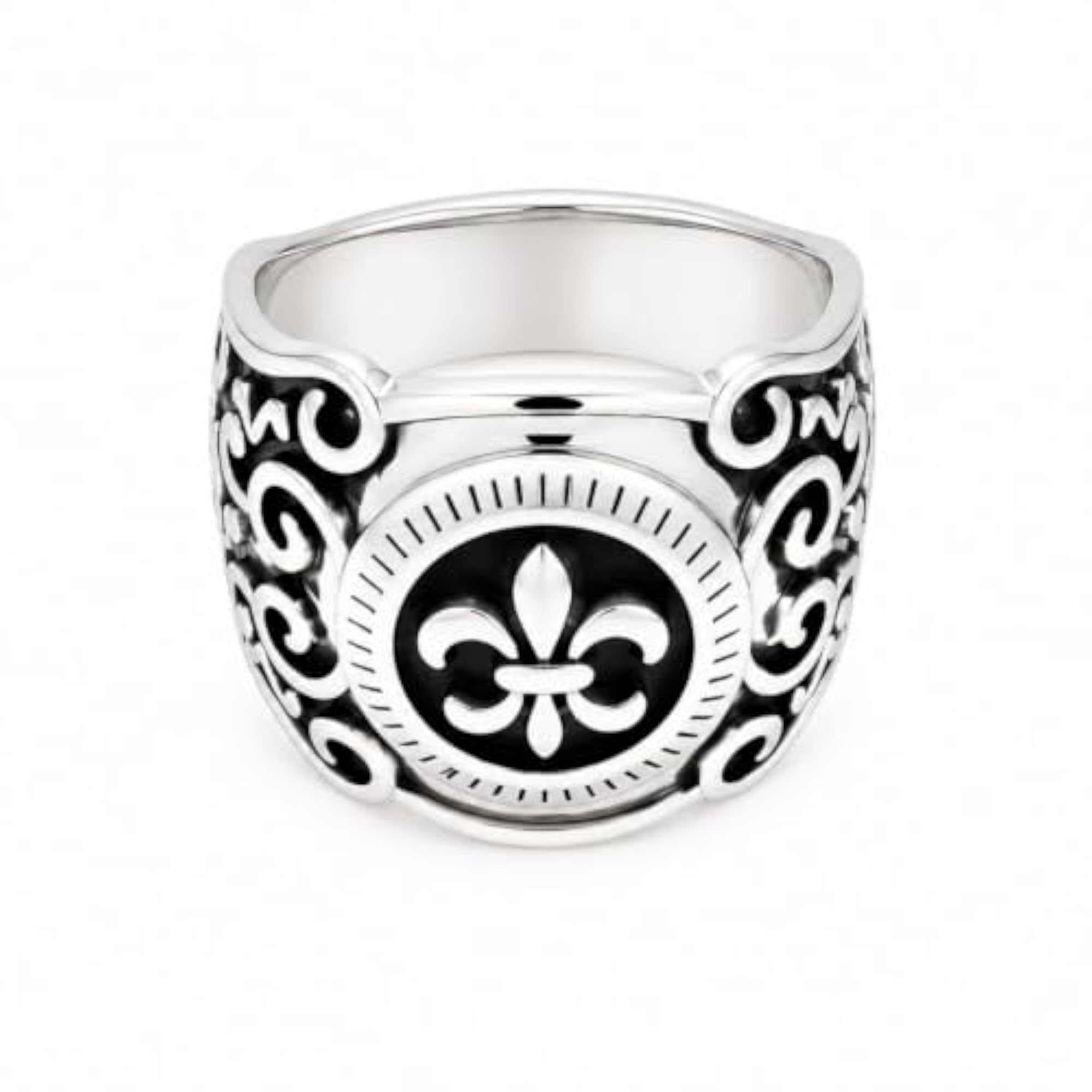 Men's Fleur de Lis Statement Ring, Black & Silver