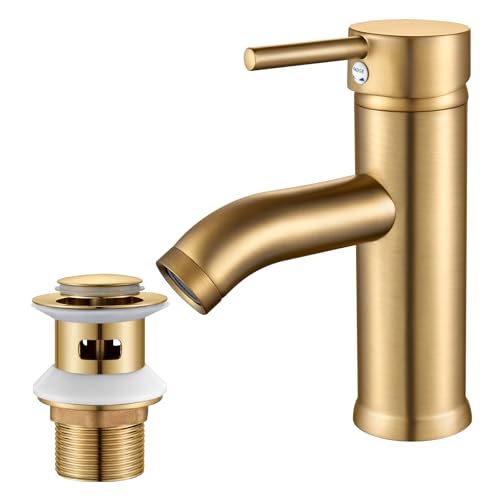 kisimixer Basin Mixer Tap with Pop Up Waste Slotted Single Lever Hot and Cold 304 Stainless Steel Bathroom Sink Taps with G1/2 Hoses Brushed Gold