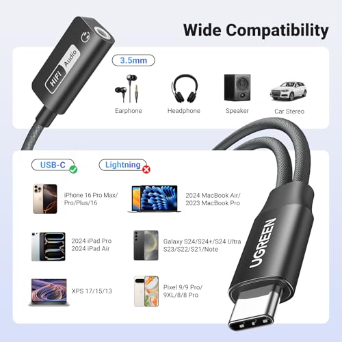 UGREEN Magnetic USB C to 3.5mm Audio Adapter and Charger 2 in 1 Hi-Res 32bit/384kHz Aux to USB C with PD 60W Fast Charging Dongle Cable for iPhone 17 Pro Max, Switch 2, Galaxy S25Ultra, iPad Pro