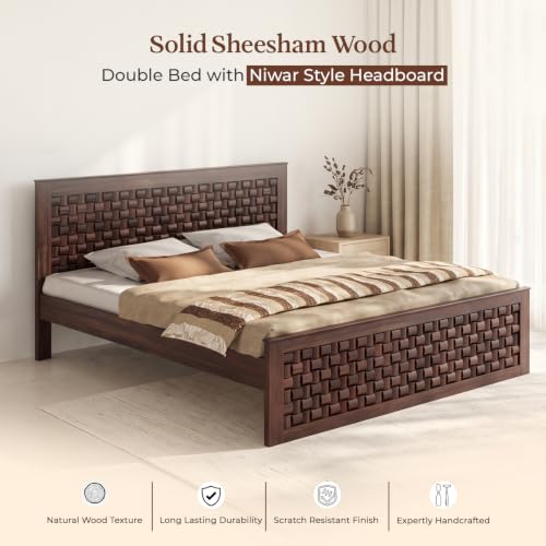 Image of WOODLAB Furniture Sheesham Wood King Size Bed Without Storage and with Niwar Style Headboard | Wooden Double Size Cot Palang for Bedroom Living Room Hotel and Home (Walnut Finish)
