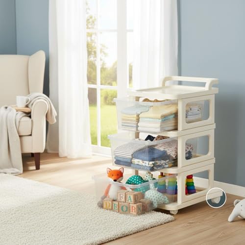 Image of Aliensware 3Layer Plastic Storage Drawer Organizer with Wheels, Modular Cabinet for Home, Office, School, Hospital, Parlor, Morden Kitchen,Clothes, Toys Organiser for Kids Room-Aliens,Clear Ivory