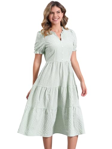 Allegra K Damen Gingham Kleid Rüschen V-Ausschnitt Kariert Elegant Knopfdekor Stufen Sommerkleider Grün M