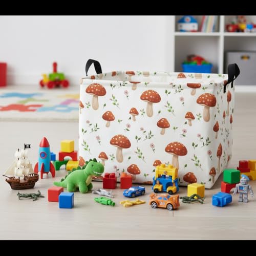Image of Rectangular Baby Kids Storage Basket for Home Kitchen Girls Cute Toy Storage Bin Organizer Shelf Book Room Decor(Mushroom)