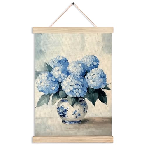 AJIPUX Blue Hydrangeas Wall Art Decor, Chinoiserie Wall Art, Rustic Blue and White Floral Hanging Poster Canvas Prints Hanger Farmhouse Decoration, 12x16 Inch