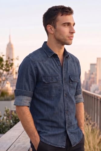 Image of Louis Philippe Men's Slim Fit Classic Denim Wash Stylized Fashion Full Sleeve Casual Shirt