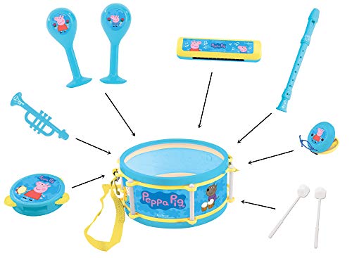Lexibook, Peppa Pig, Set met 7 muziekinstrumenten (Drum, Maracas, Castagnet, Harmonica, Blokfluit, Trompet, Tamboerijn), Muzikaal speelgoed, Handig mee te nemen spel, Blauw/Geel, K360PP - Image 6
