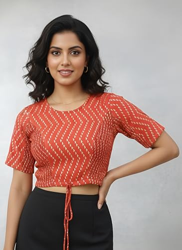 Image of Yash Gallery Women's Rayon Staple Golden Printed Blouse with Bobbin Elastic & Adjustable Front Dori