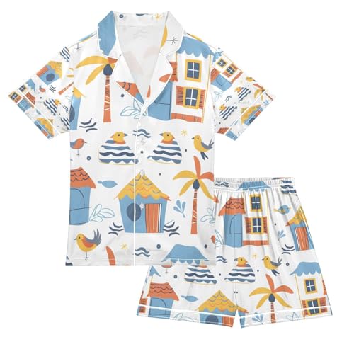 senya Cartoon Beach House Satin Summer Pajama Sets Silk Short Sleeve Button Down Sleepwear