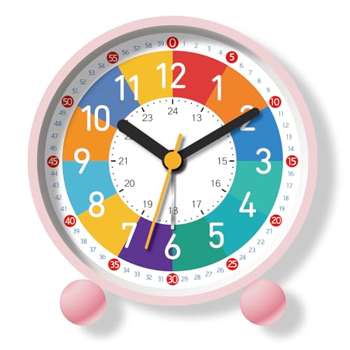 TKCHAX Analog Alarm Clock for Kids Learn to Tell Time with Colorful Dial, Silent Clock Movement, Battery Operated with Back-Light, for Kids,Teens and Nice Bedroom Decor (Pink)