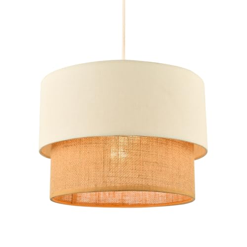 Modern Designer Double Tier Cream Fabric Linen and Natural Rattan Pendant Light Shade | 22cm x 30cm | Chic Style by Happy Homewares - Image 3