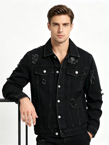 Image of Men's Denim Jacket Patchwork Fringe Jacket Slim Jean Jacket Streetwear Coat