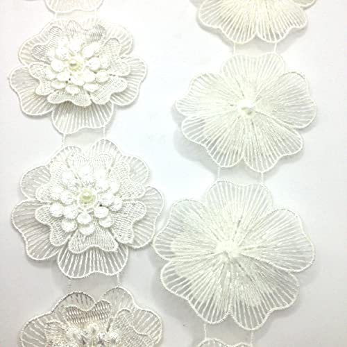 Karmelling 10Pc White 3Inch Pearl Chiffon Beaded Polyester Flower Embroidered Lace Edge Trim Ribbon For Sewing Diy Craft Decorative #TOP2