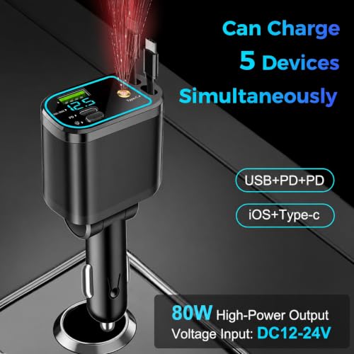 Image of 120W Ultra Fast Car Cellular Phone Charger - 4 in 1 Retractable Charger with USB-C Cable & Purple Starry Sky Lights,Dual USB Port,180 Adjustable,Compatible with iOS & Type-C Device