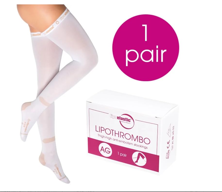 LIPOELASTIC® Lipothrombo AG, calze unisex autoreggenti antiembolia a compressione graduata (IT, Testo, L, Regular, Regular, bianco)