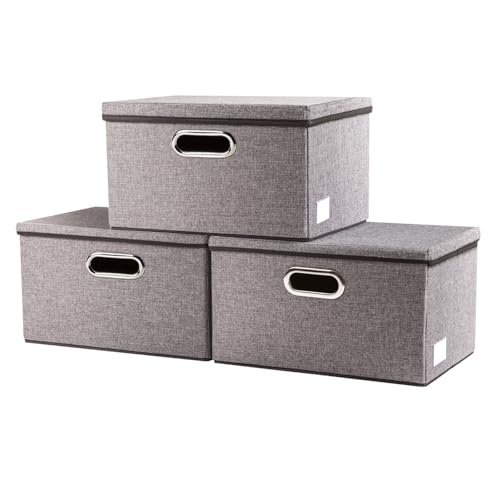 Image of PRANDOM Storage Bins with Lids [3-Pack] Linen Fabric Foldable Storage Boxes Organizer Containers Baskets Cube with Cover for Home Bedroom Closet Office Nursery Grey（11.4X8.6X6.7