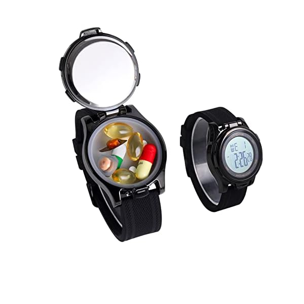 Watch with Pill Box, Fashion Business Digital Watches for Men, Water Resistant Pill Box for Emergency, EDC Box for Emergency, Small Pill Case for Vitamin, Fish Oil