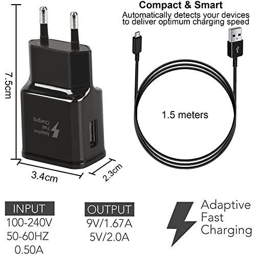 Chargeur Rapide AFC 2A - Bloc d'alimentation USB avec Câble Micro USB de 1,5 m Compatible avec Samsung Galaxy S7/S7 Edge/S6/S6 Edge/S5/S4/A6/J7/J3/Note 5/Note 4/3/LG G4/G3, Xiaomi, Redmi etc (Noir) – Image 5