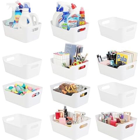 Tiawudi 12 Pack Storage Bins, Plastic Storage Containers, Multi-Use Organizer Bins, White Closet Organizer, Pantry Organizer, Bins for Cabinet, Drawer, Countertop or Shelves Cover