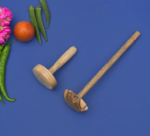 Image of Handmade Pure Mango Wood Hand Mathani, Lemon Press and Roti Press - Set of 3, Wooden Kitchen Tools Sets for Cooking