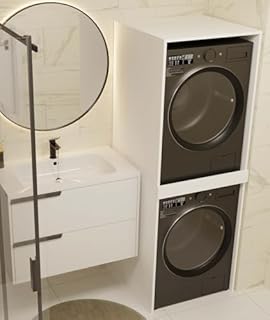 Mobile Colonna da Bagno per Lavatrice e Asciugatrice – Scaffale Salvaspazio per Lavanderia o Bagno – Armadio Verticale con Ripiano Rinforzato – Pratico Mobile Contenitore Multiuso