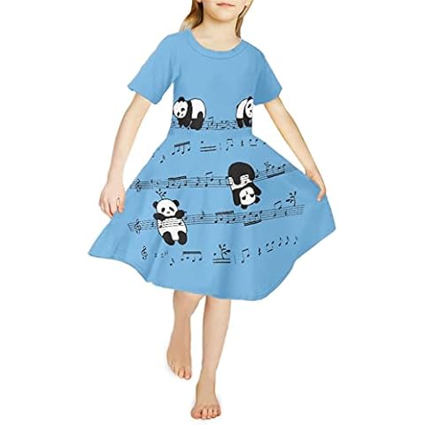 Howilath Girl's Light Blue Dress with Cartoon Panda Music Note Stripe Gift for Girls Cute Streetwear Novelty Design Summer Sundress, Age 14 Cover