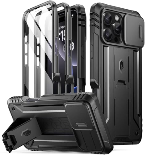 Poetic Revolution Case for iPhone 16 Pro Max 6.9 inch [Slide Camera Cover] Full-Body Military Grade Rugged Shockproof Cover with Kickstand and Built-in-Screen Protector Black