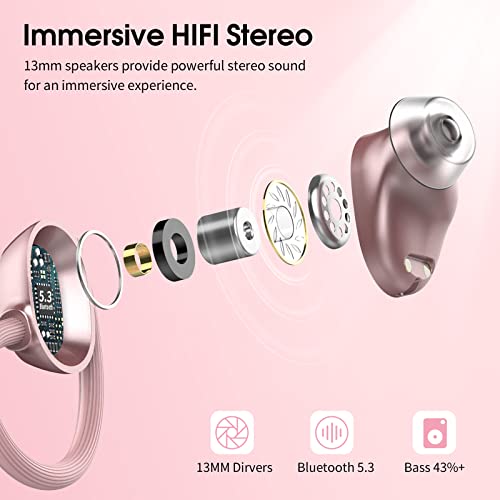 Image of Wireless Earbuds, HiFi Stereo Sport Bluetooth 5.3 Headphones with Earhooks, 48H Deep Bass in-Ear Headphones with LED Display, Noise Cancelling, IP7 Waterproof Earphones Built-in Mic for Running (Rose)