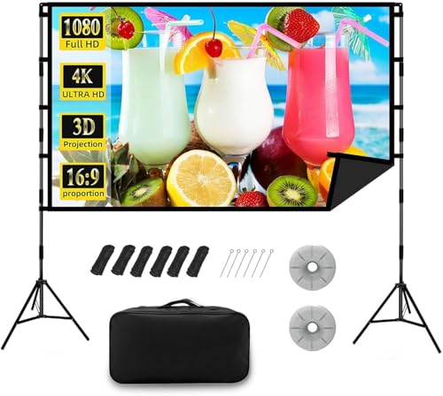 Projector Screen with Stand 120 Inch upgrade Portable Projection Screen Foldable Portable Projection Screen 16:9 4K HD Movie Screen for Indoor Our Home Theater Backyard Backyard Cinema Travel