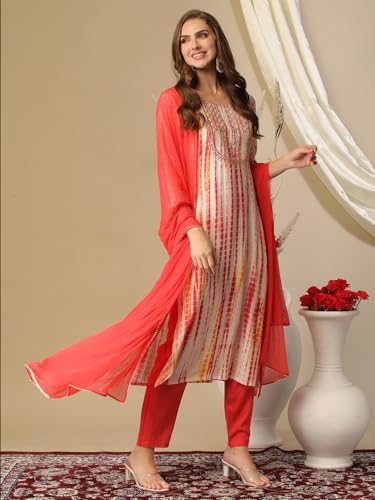 Image of GoSriKi Women's Rayon Blend Straight Printed Kurta with Pant & Dupatta