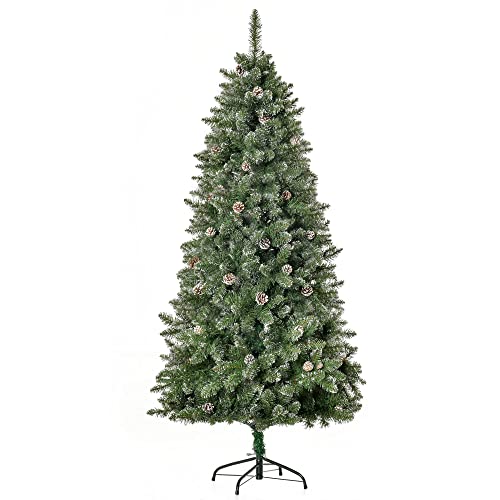HOMCOM 6ft Unlit Snow-Dipped Fir Artificial Christmas Tree, Holiday Xmas Tree with Realistic Branches, Pine Cones and 718 Tips