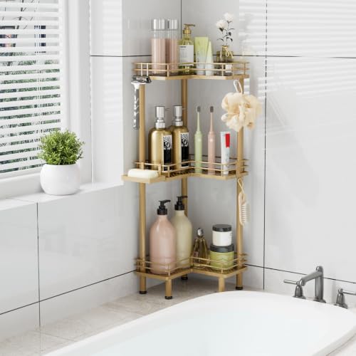 Image of Consumest Corner Shower Caddy Standing - 3-Tier Stainless Steel Shower Organizer with Soap Holder and 4 Hooks, Large Capacity Corner Shelf Stand for Bathroom, Rest Room, Gold
