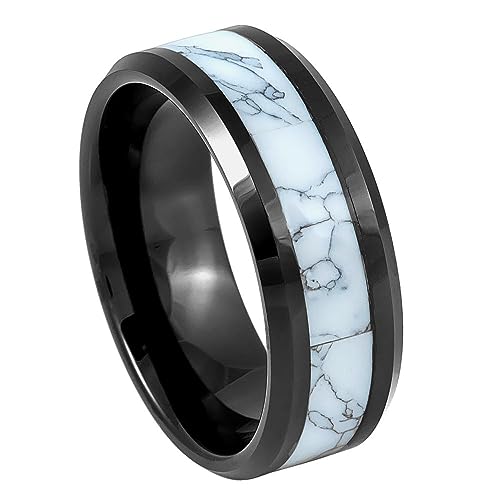 Men’s 8mm Tungsten Carbide Ring with White Marble Inlay – Black Beveled Edge Comfort Fit Wedding Band or Fashion Ring