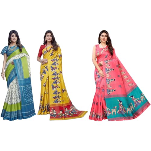 Image of Yashika Women's Sarees Women's Combo Art Silk Printed Saree With Unstitched Blouse Piece |saree for Women | saree combo | New Sari | Saree Pack Of 3