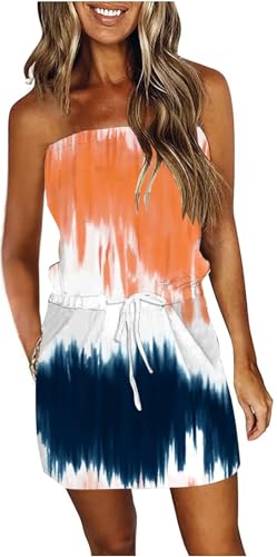 Image of Summer Dress for Women Strapless Beach Cover Ups Boho Sundress Mini Dress Drawstring Waist with Pockets