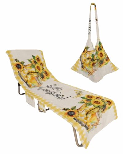 Farmhouse Sunflower Beach Lounge Chair Towel Cover, Soft Chaise Lounge Towel with Side Pockets Patio Pool Chairs Cover for Beach/Pool Sunbathing 29x85 Bee Yellow Lattice Honey Summer