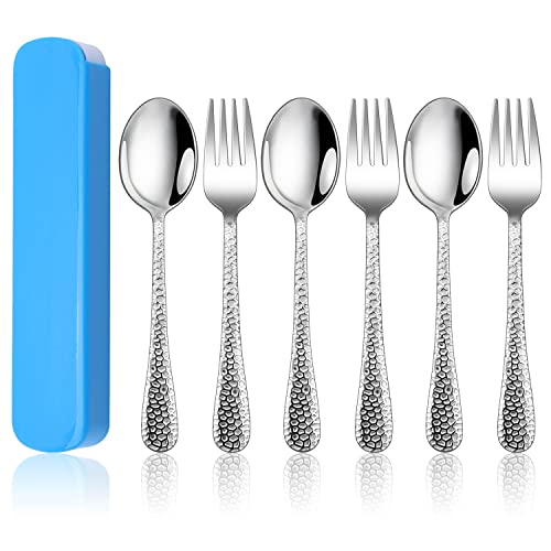 Herogo Lot de 7 couverts pour enfant en acier inoxydable avec étui portable, poignée martelée pour voyage, camping, extérieur, école, finition miroir et passe au lave-vaisselle Cover