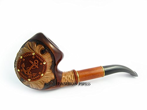 Exclusive Long Tobacco Smoking Pipe Decorated Inlaid"Anchor" Engraved + Pouch ! (1) #TOP2