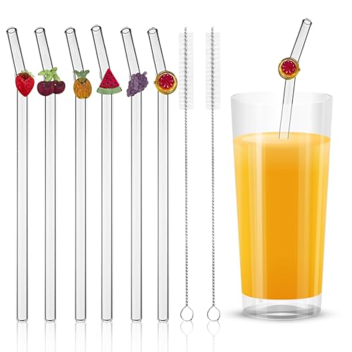 6 Pcs Glass Straws Reusable Glass Straws with Charms Cute Glass Straws 2 Cleaning Brushes Included for Easy Cleaning Shatter-Resistant Drinking Straws for Cocktails Milkshakes Juices