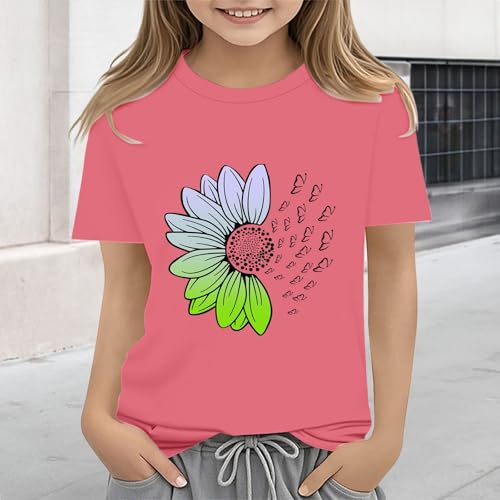 Girls Loose Fit Sunflower Graphic T Shirts Short Sleeve Crewneck Cute Pattern Printed Tops Kids (D-Pink, 8-9 Years)4
