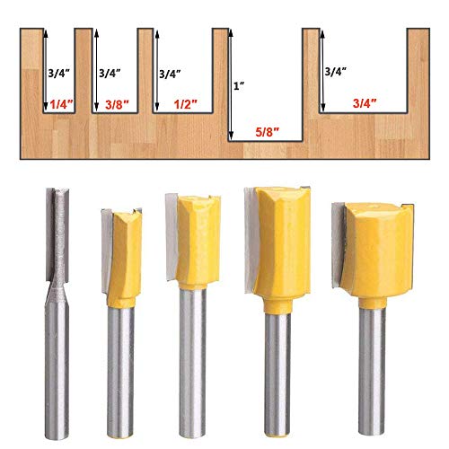 Bestgle Set of 5 Piece Straight Dado Router Bit Set Carbide Wood Milling Cutter Woodworking Tools, Cutting Diameter 1/4",3/8",1/2",5/8",3/4", 1/4-Inch Shank(Yellow)