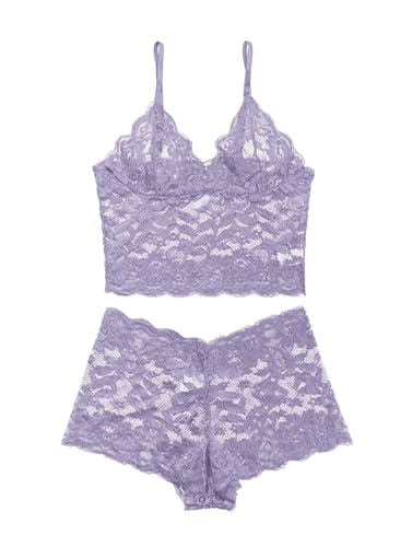 Image of Lilosy Sexy Sheer Floral Lace Pajamas Lingerie Set High Waist Sleepwear Bra and Panty 2 Piece Nightwear