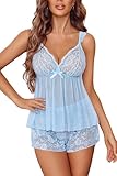 Avidlove Sexy Women Lace Lingerie Pajamas Set High Waist Sheer Sleepwear Mesh Cami Lace Shorts Bra and Panty Baby Blue