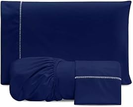 Jogo De Cama MicroPercal 200 Fios Com Elástico e Ponto Palito com Toque Macio (Azul Marinho, Queen)