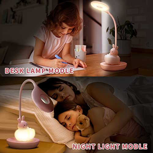 Comprafun Kids Desk Lamp Pink, Dimming Desk Lamp For Girls With Exclusive Cartoon Look, Cute Night Light For Kids Bedroom, Eye-Caring Led Portable Reading Lamp For Child, Unique Gift (Pink Rabbit) #TOP1