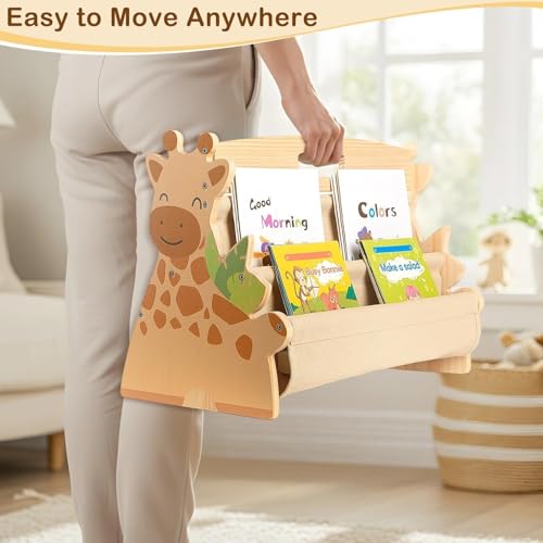 Image of Toddler Bookshelf Double-Sided with 4 Tier Deep Sleeves Kids Wooden Montessori Book Rack for Baby Nursery Room, Playroom, Classroom or Bedroom Bookcase Storage Organizer, Light Wood Giraffe